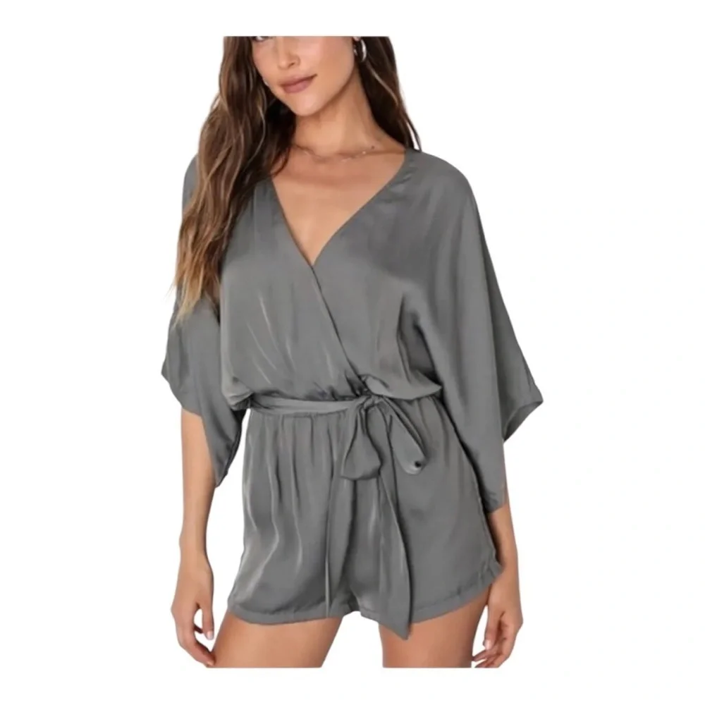 Lulu’s Woman’s Ain't It Grand Olive Green Satin Surplice Romper Size M/L - Picture 2 of 16
